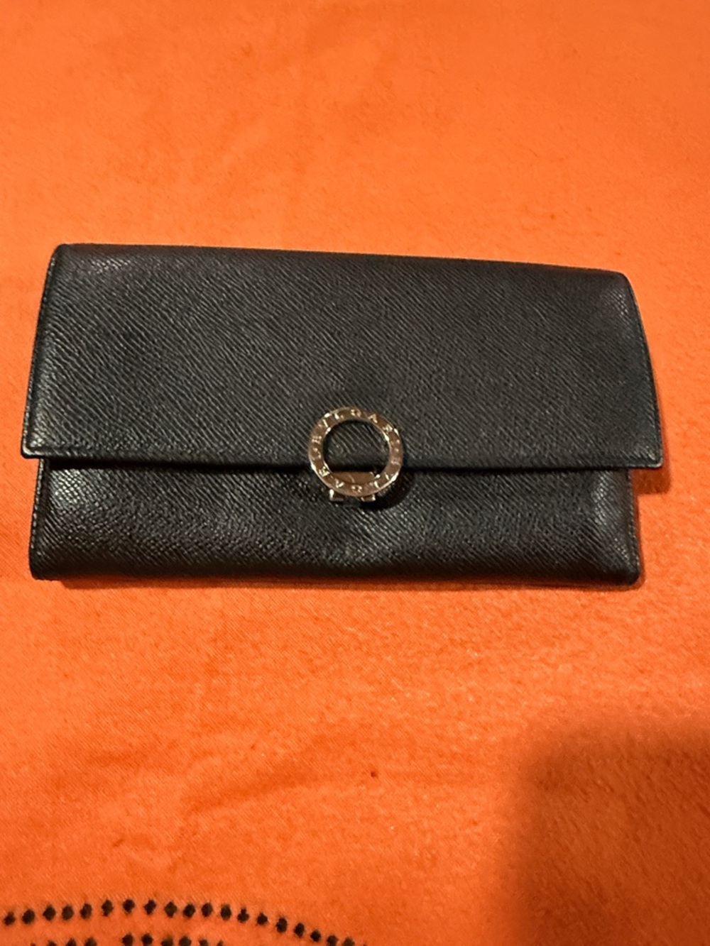 Women's Black Leather BeFold-Over Wallet with Ring Accent Bvlgari